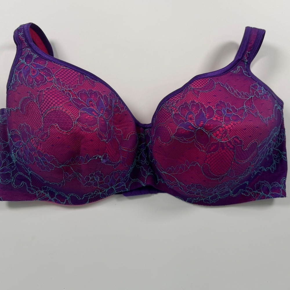 Cacique Purple Pink Teal Lace Underwire Bra 44DDD Y2K Rave Festival Boho Floral